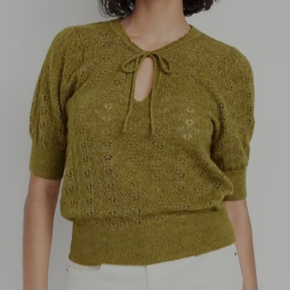 Old Navy Wool Blend Puff Sleeve Tie Neck Sweater Olive Green Office Chic Size 2X